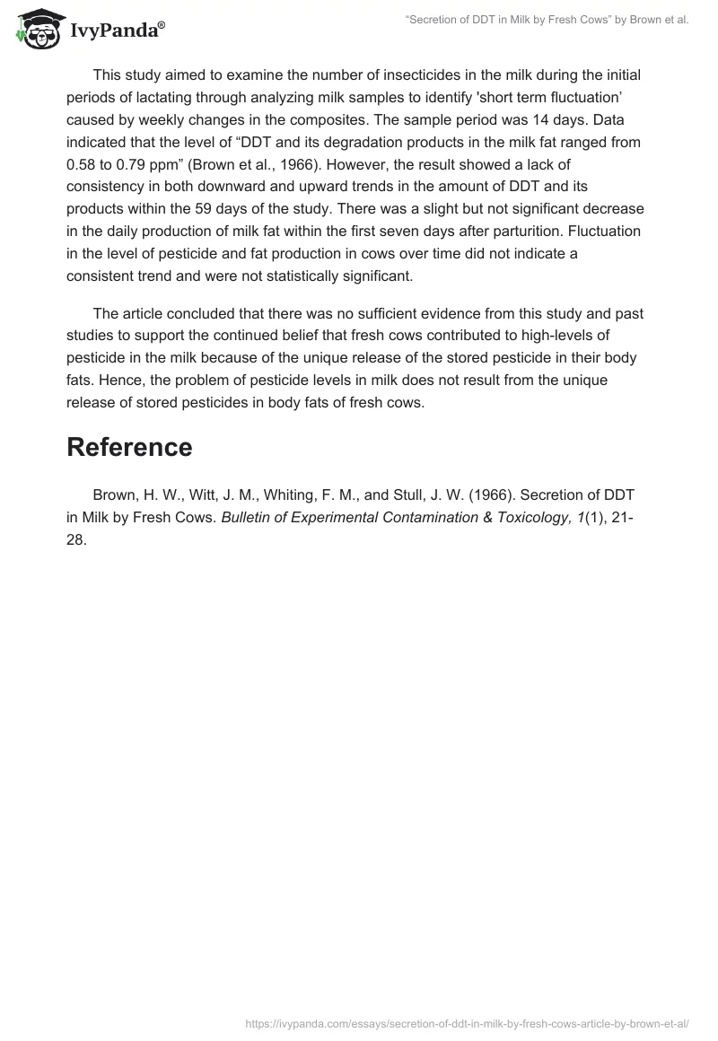 “Secretion of DDT in Milk by Fresh Cows” by Brown et al.. Page 2
