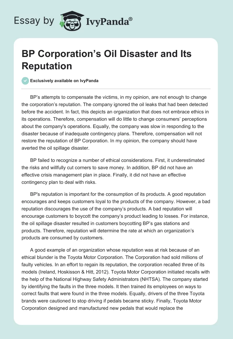 BP Corporation’s Oil Disaster and Its Reputation. Page 1