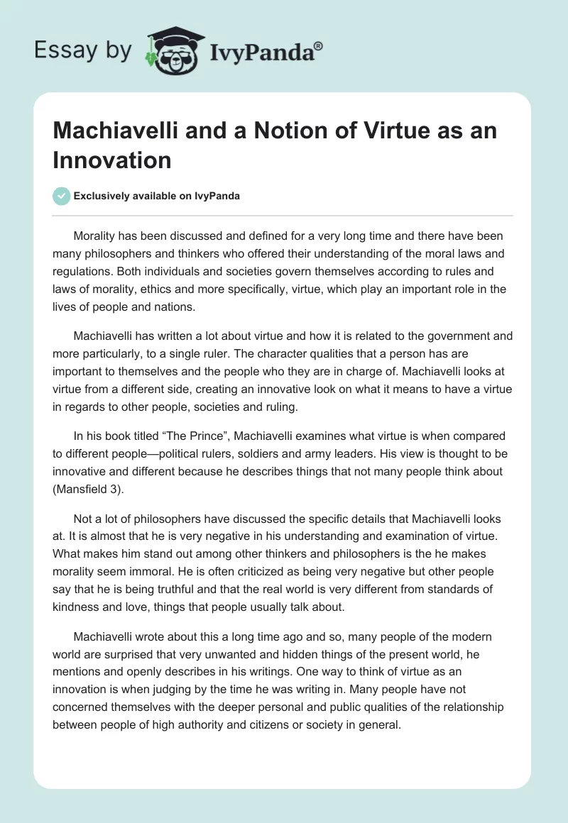 Machiavelli and a Notion of Virtue as an Innovation. Page 1