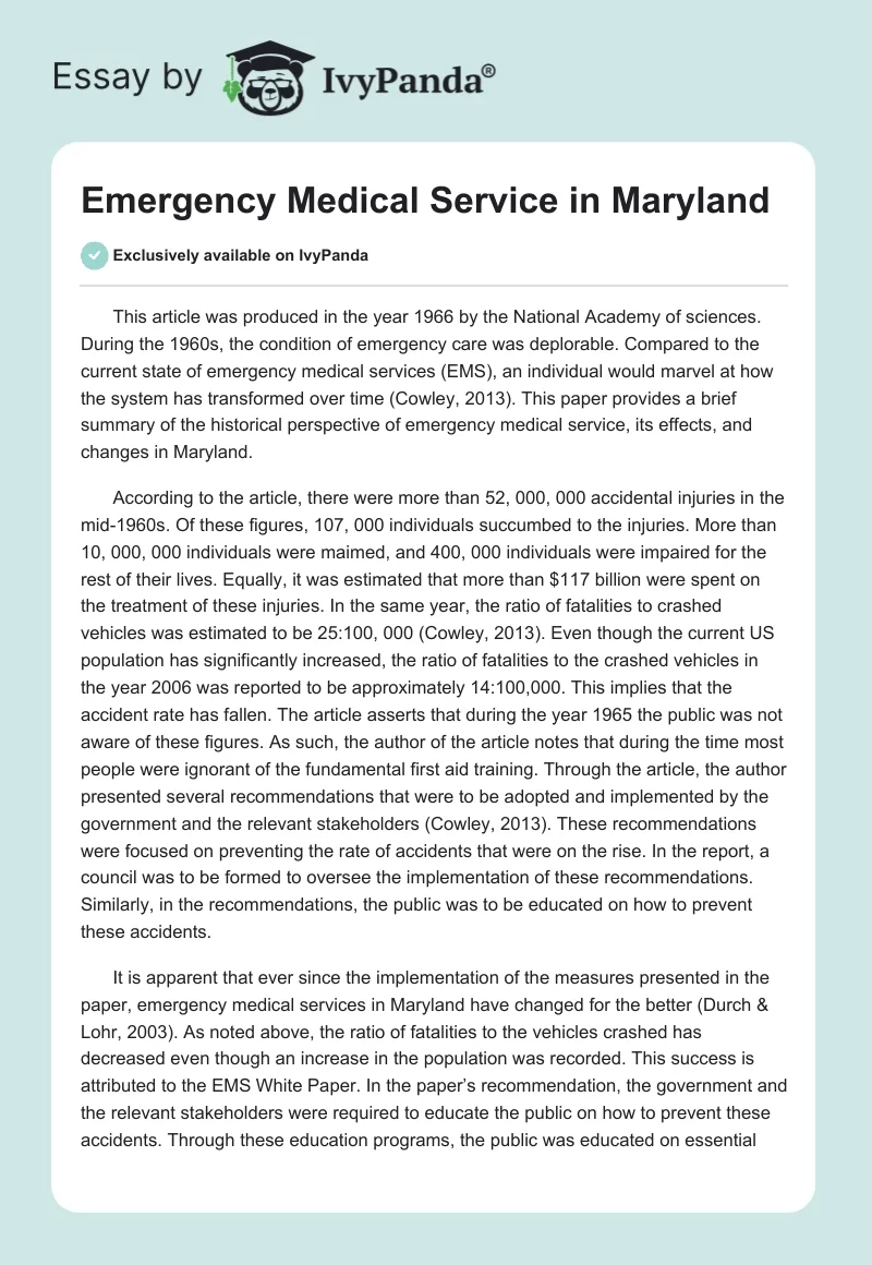 Emergency Medical Service in Maryland. Page 1
