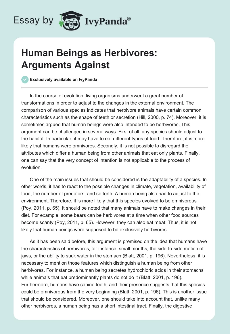 Human Beings as Herbivores: Arguments Against. Page 1