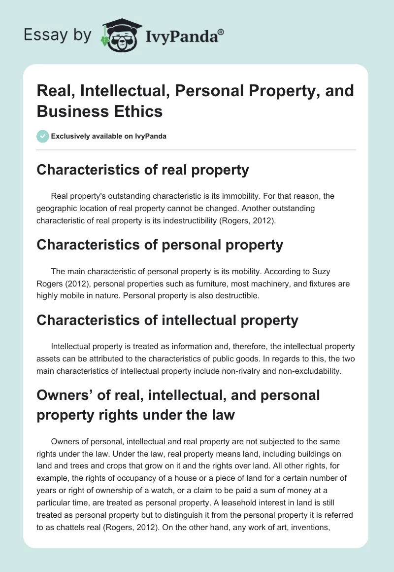 Real, Intellectual, Personal Property, and Business Ethics. Page 1