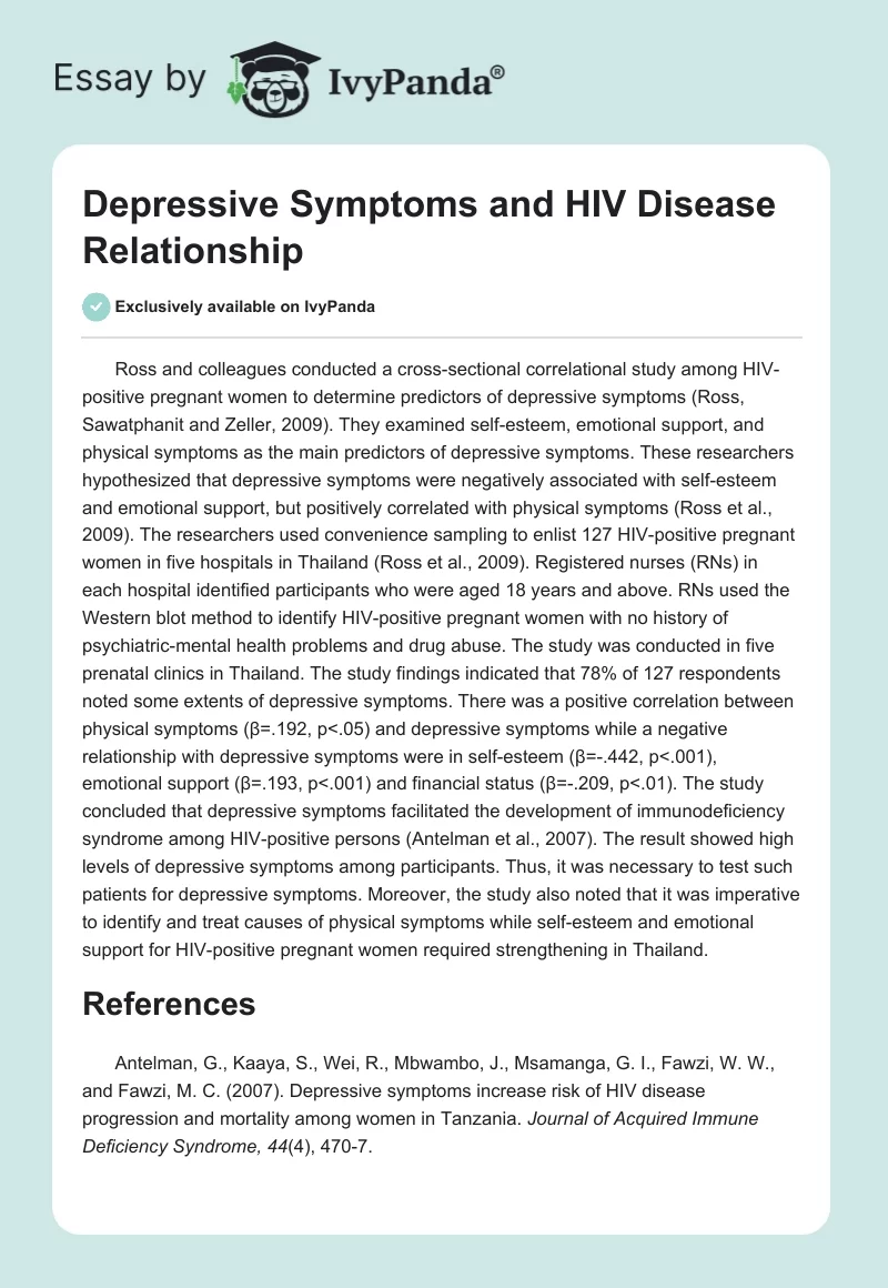 Depressive Symptoms and HIV Disease Relationship. Page 1