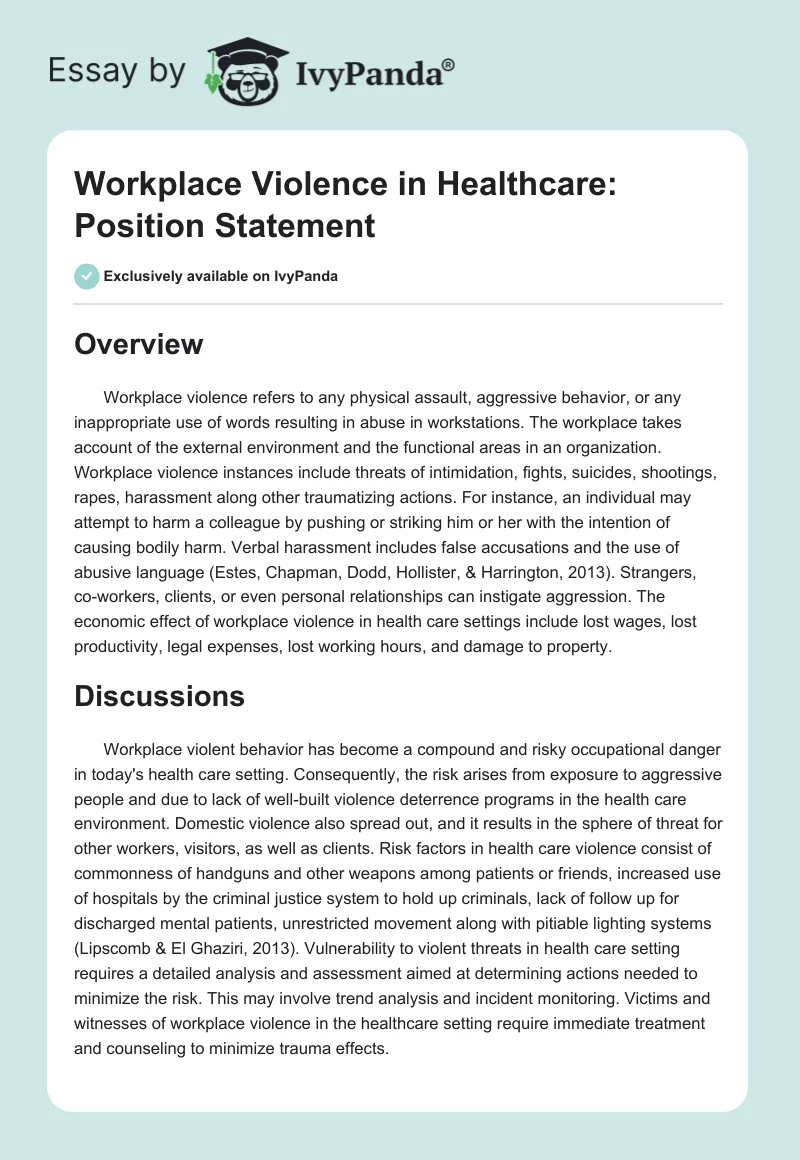 Workplace Violence in Healthcare: Position Statement. Page 1