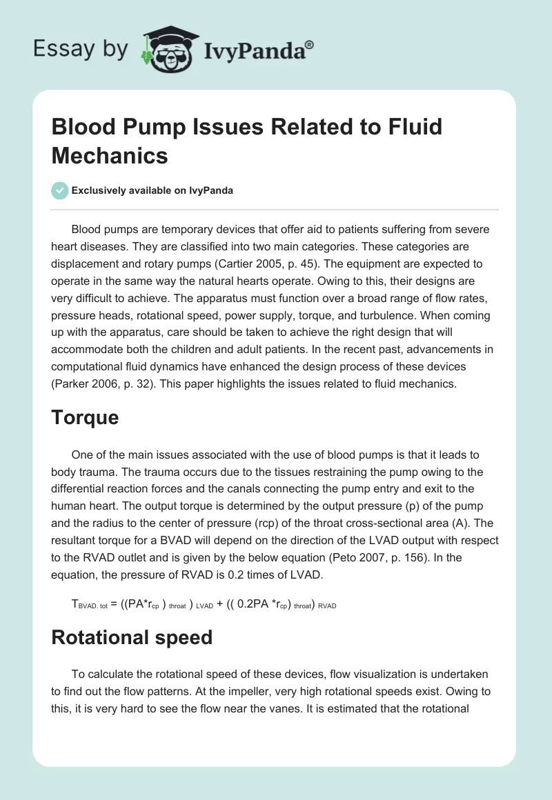 Blood Pump Issues Related to Fluid Mechanics. Page 1