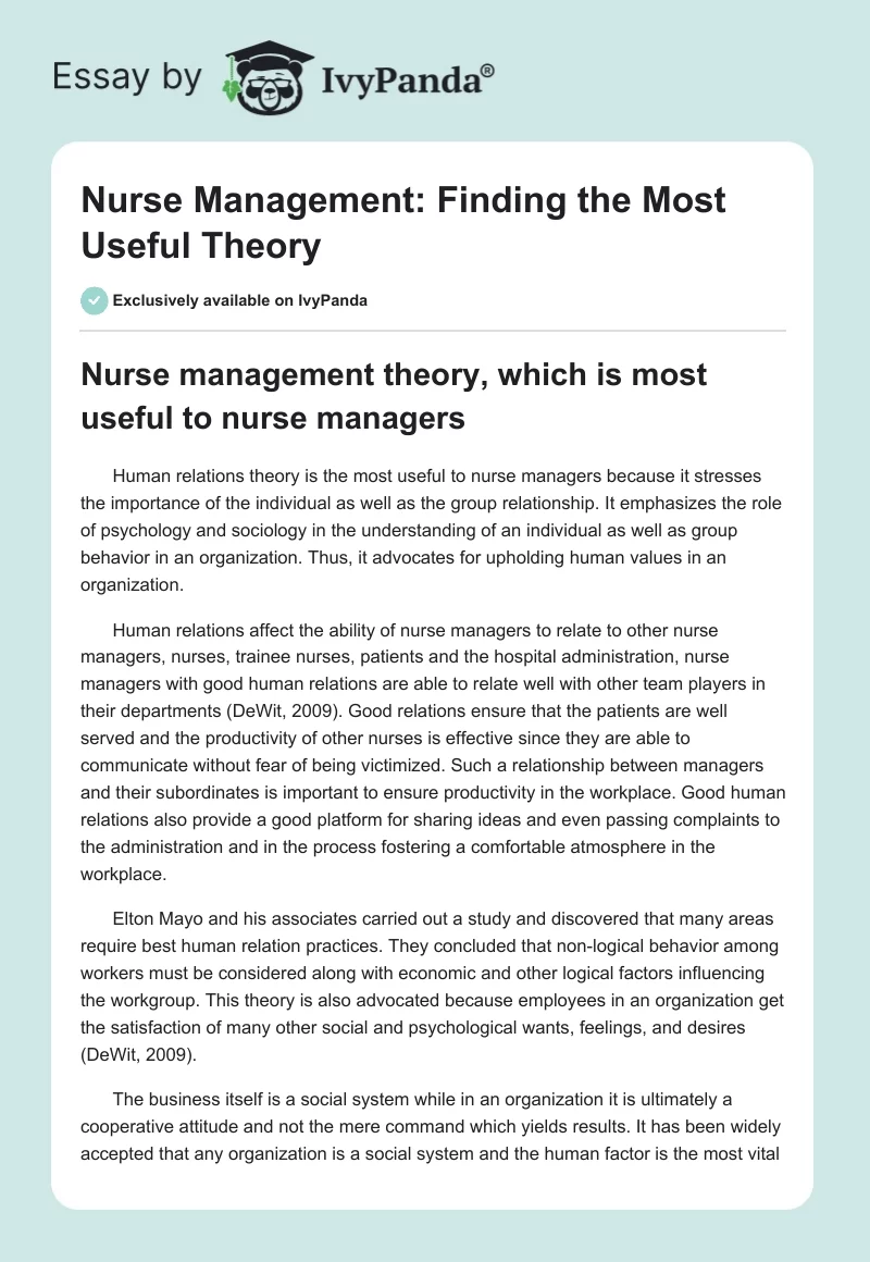 Nurse Management: Finding the Most Useful Theory. Page 1