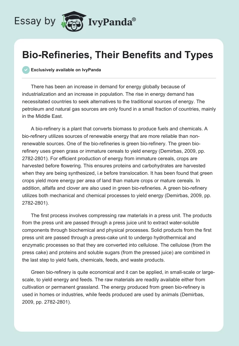 Bio-Refineries, Their Benefits and Types. Page 1