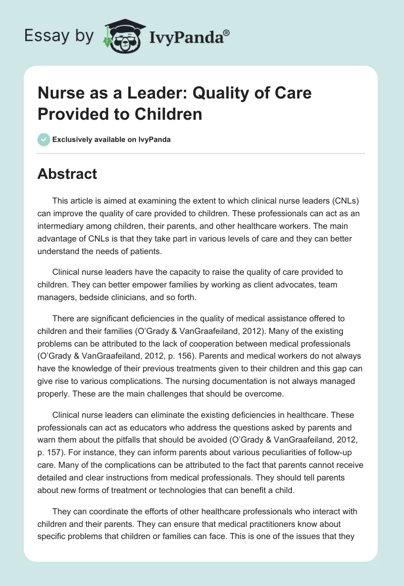 Nurse as a Leader: Quality of Care Provided to Children. Page 1