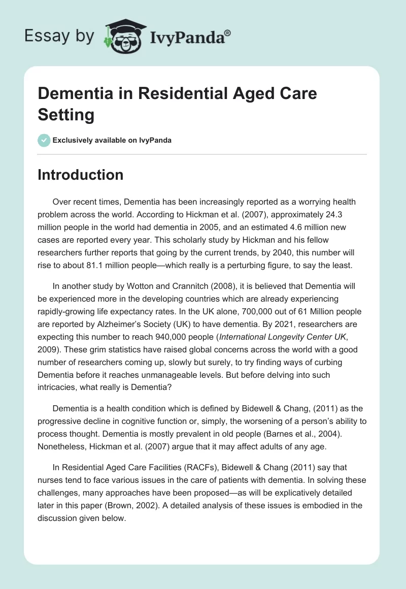 Dementia in Residential Aged Care Setting. Page 1