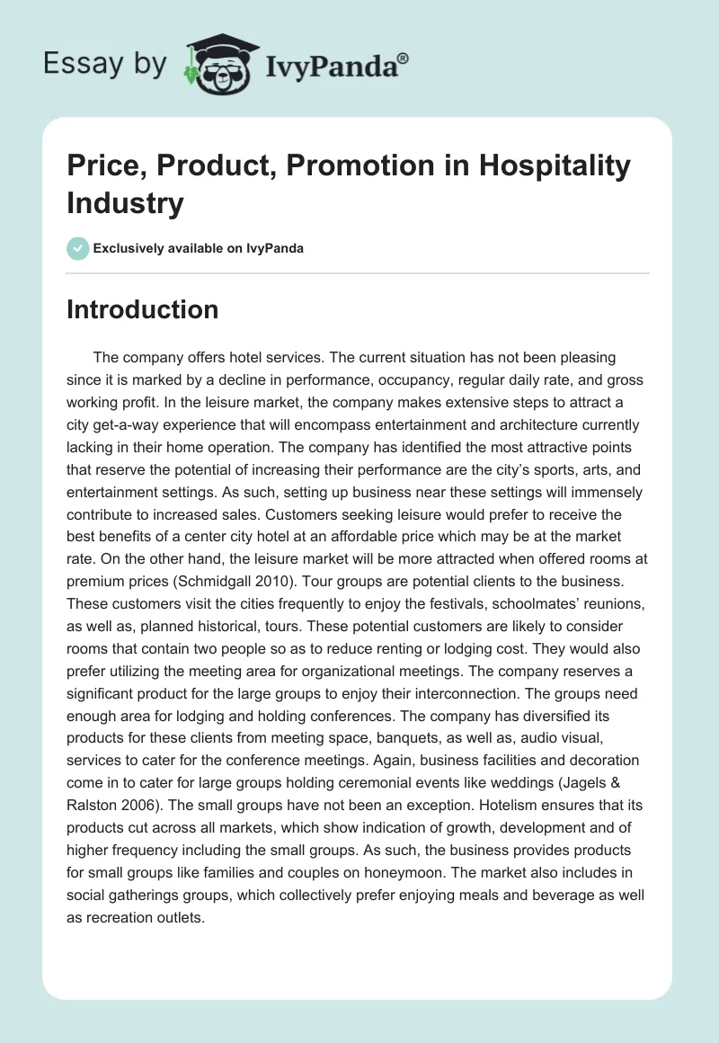 Price, Product, Promotion in Hospitality Industry. Page 1
