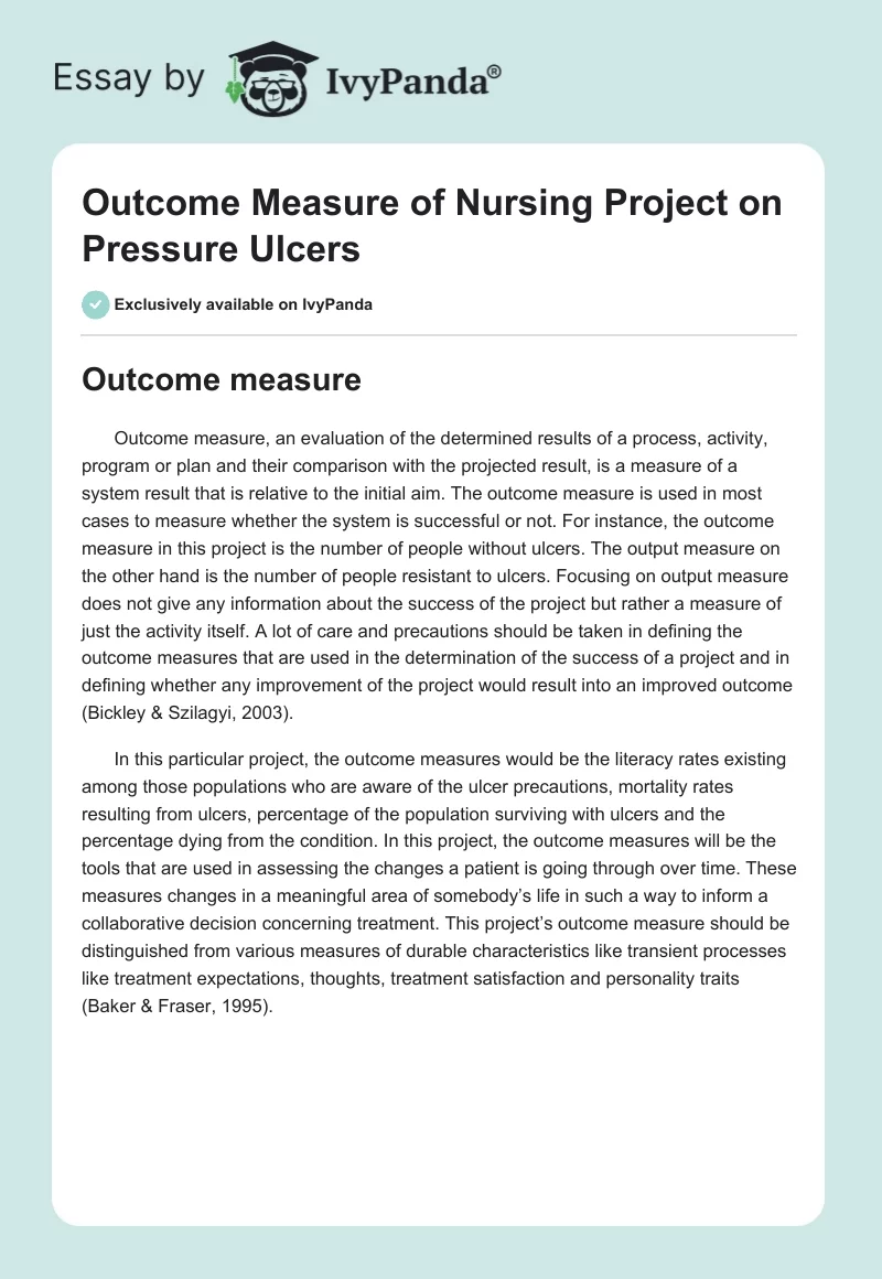 Outcome Measure of Nursing Project on Pressure Ulcers. Page 1