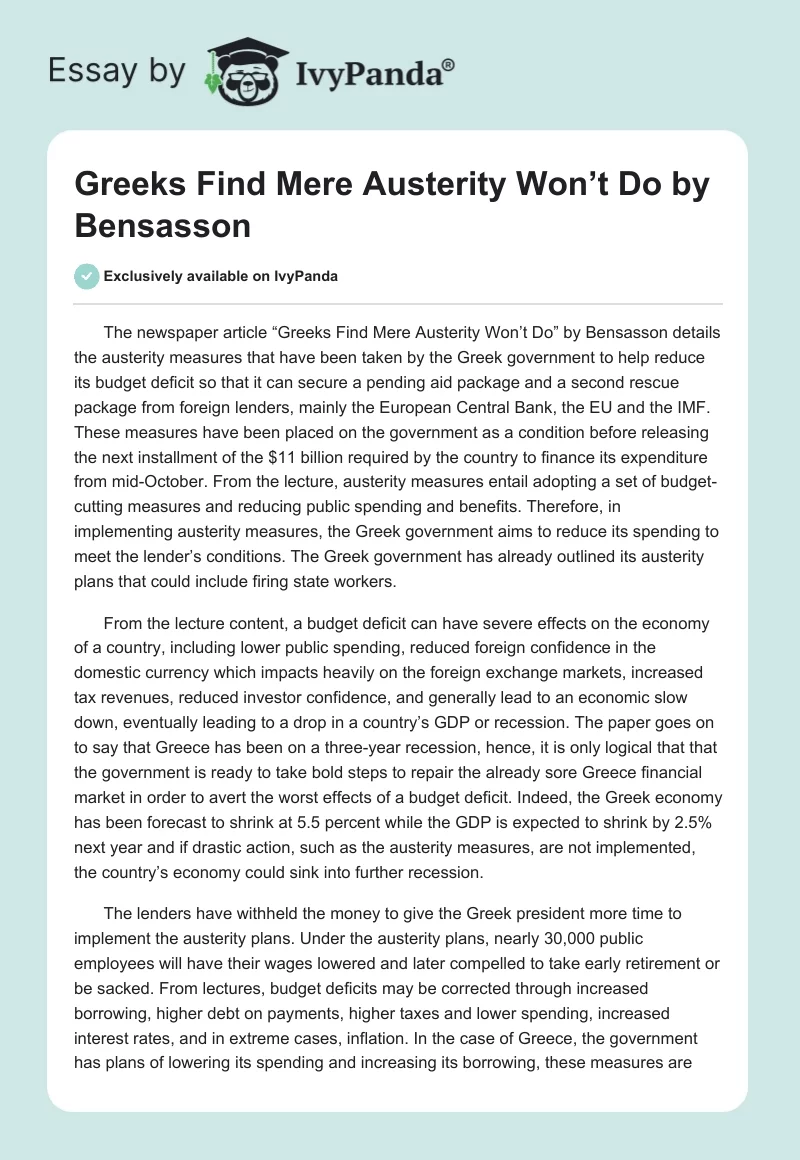 "Greeks Find Mere Austerity Won’t Do" by Bensasson. Page 1