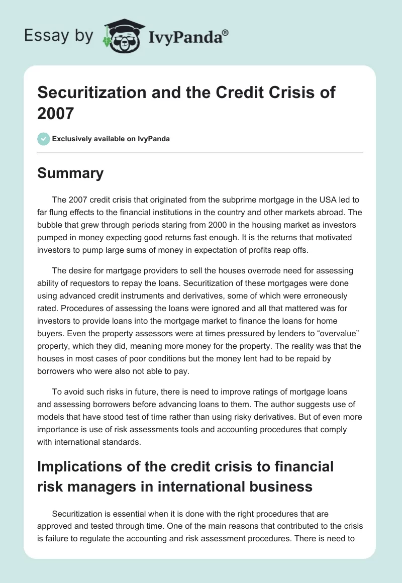 Securitization and the Credit Crisis of 2007. Page 1