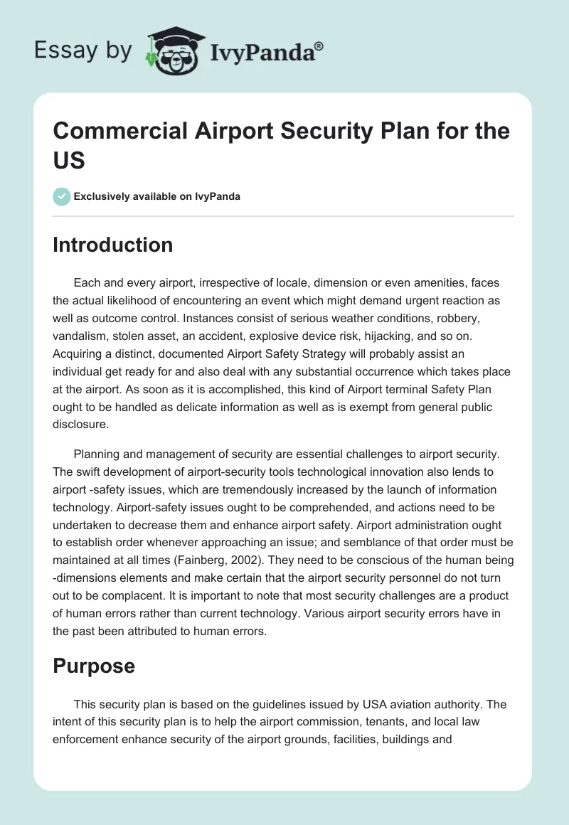 Commercial Airport Security Plan for the US. Page 1