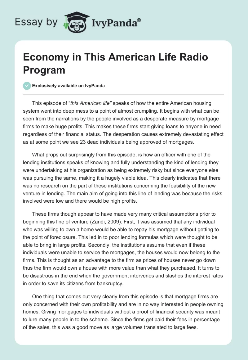 Economy in "This American Life" Radio Program. Page 1