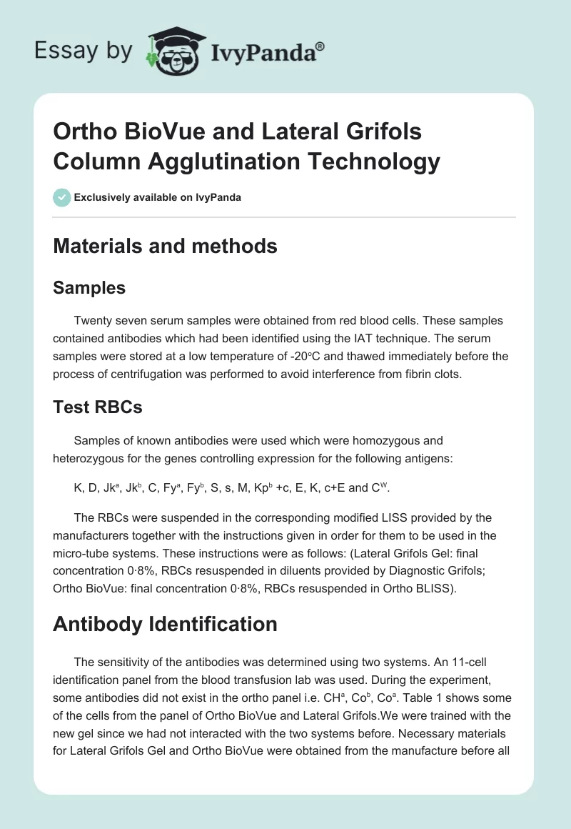 Ortho BioVue and Lateral Grifols Column Agglutination Technology. Page 1