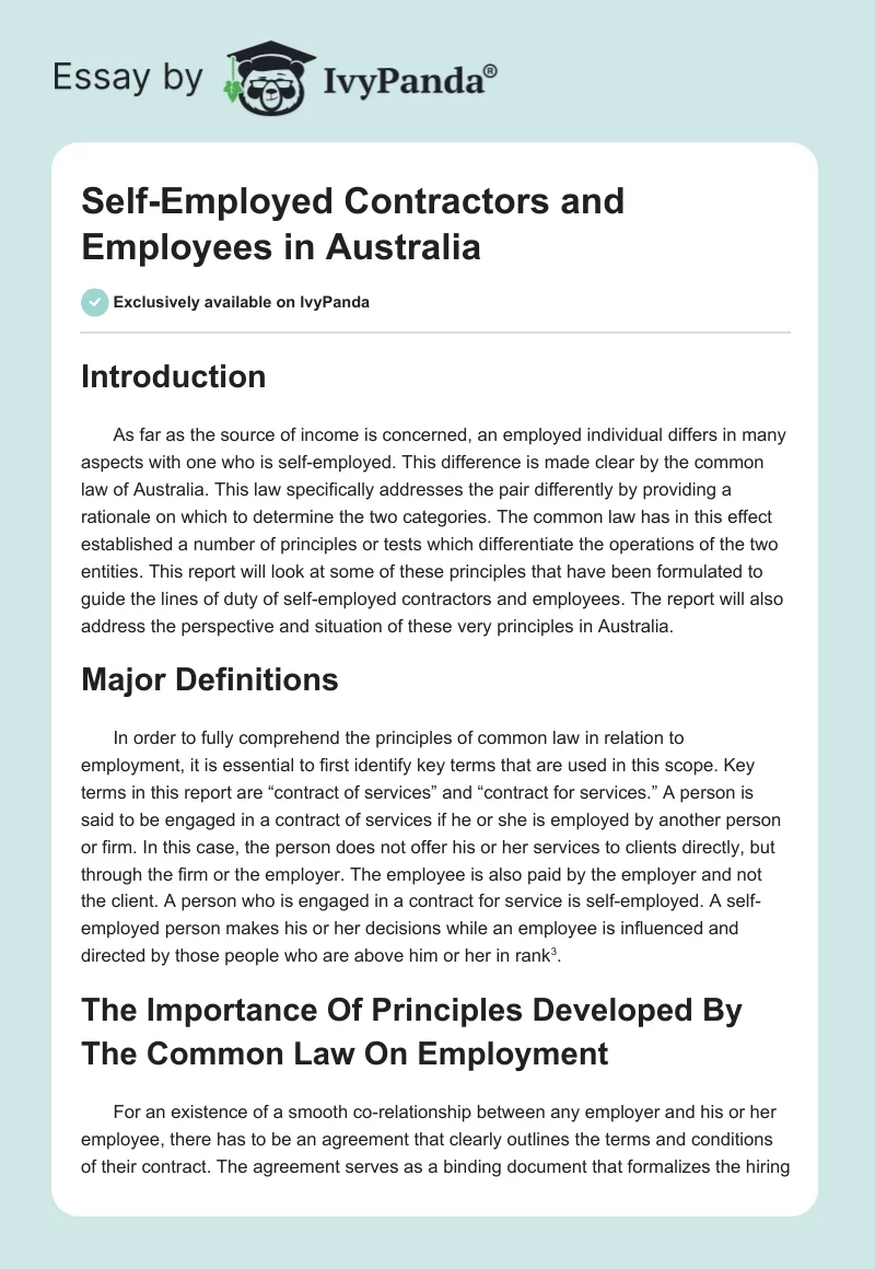 Self-Employed Contractors and Employees in Australia. Page 1