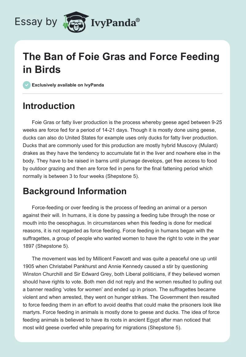 The Ban of Foie Gras and Force Feeding in Birds. Page 1