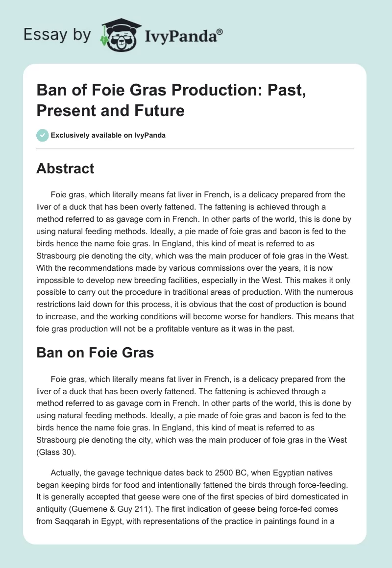 Ban of Foie Gras Production: Past, Present and Future. Page 1