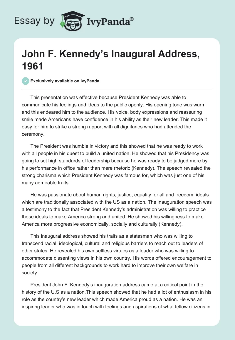 John F. Kennedy’s Inaugural Address, 1961. Page 1