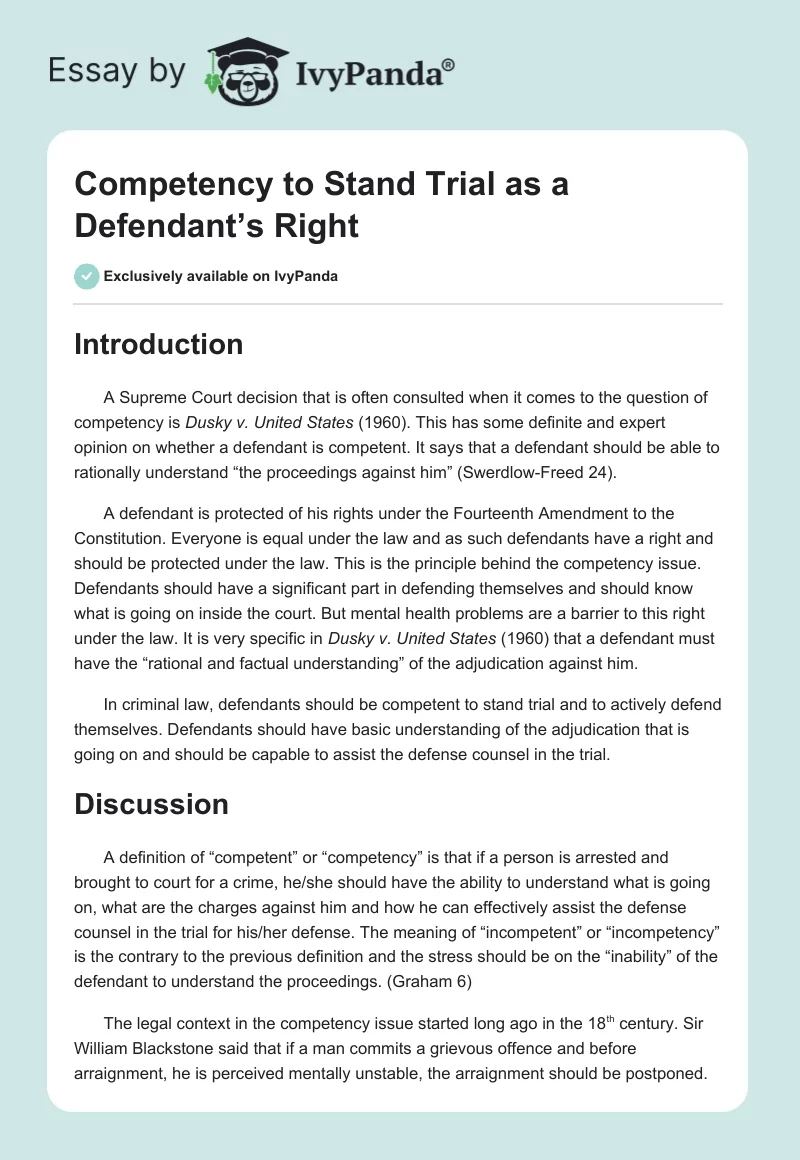 Competency to Stand Trial as a Defendant’s Right. Page 1