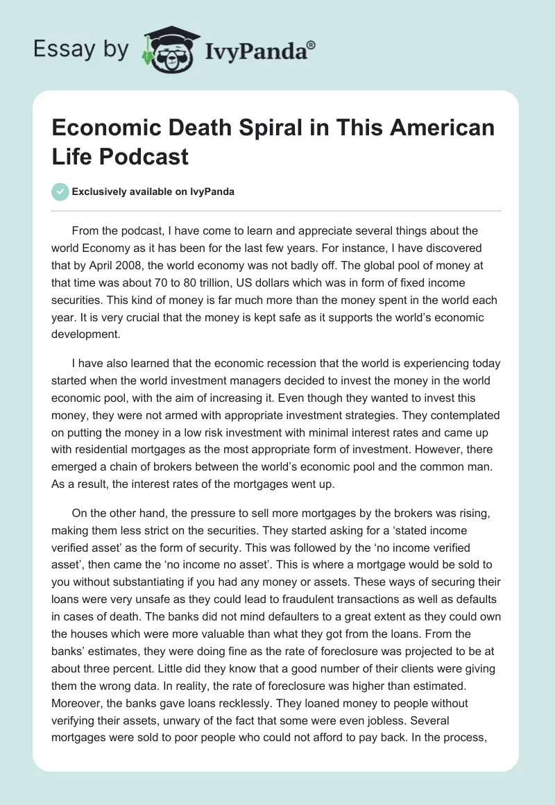 Economic Death Spiral in "This American Life" Podcast. Page 1