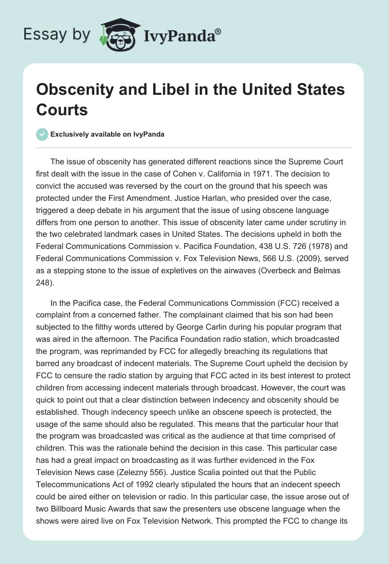 Obscenity and Libel in the United States Courts. Page 1