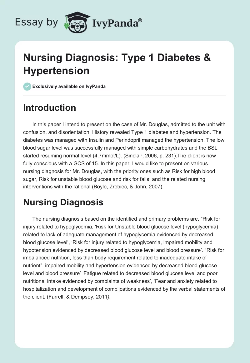 Nursing Diagnosis: Type 1 Diabetes & Hypertension. Page 1