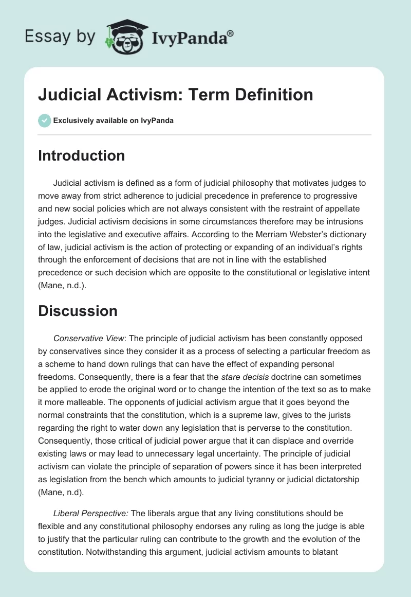Judicial Activism: Term Definition. Page 1