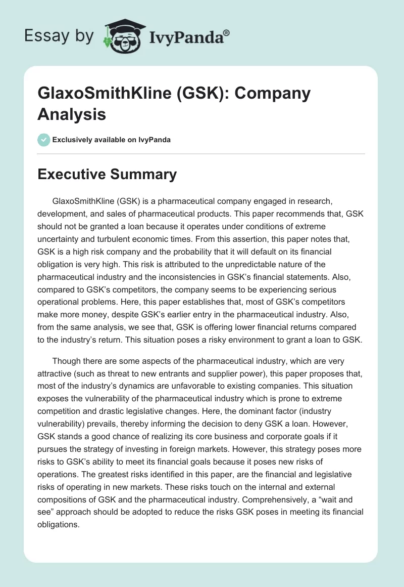 GlaxoSmithKline (GSK): Company Analysis. Page 1