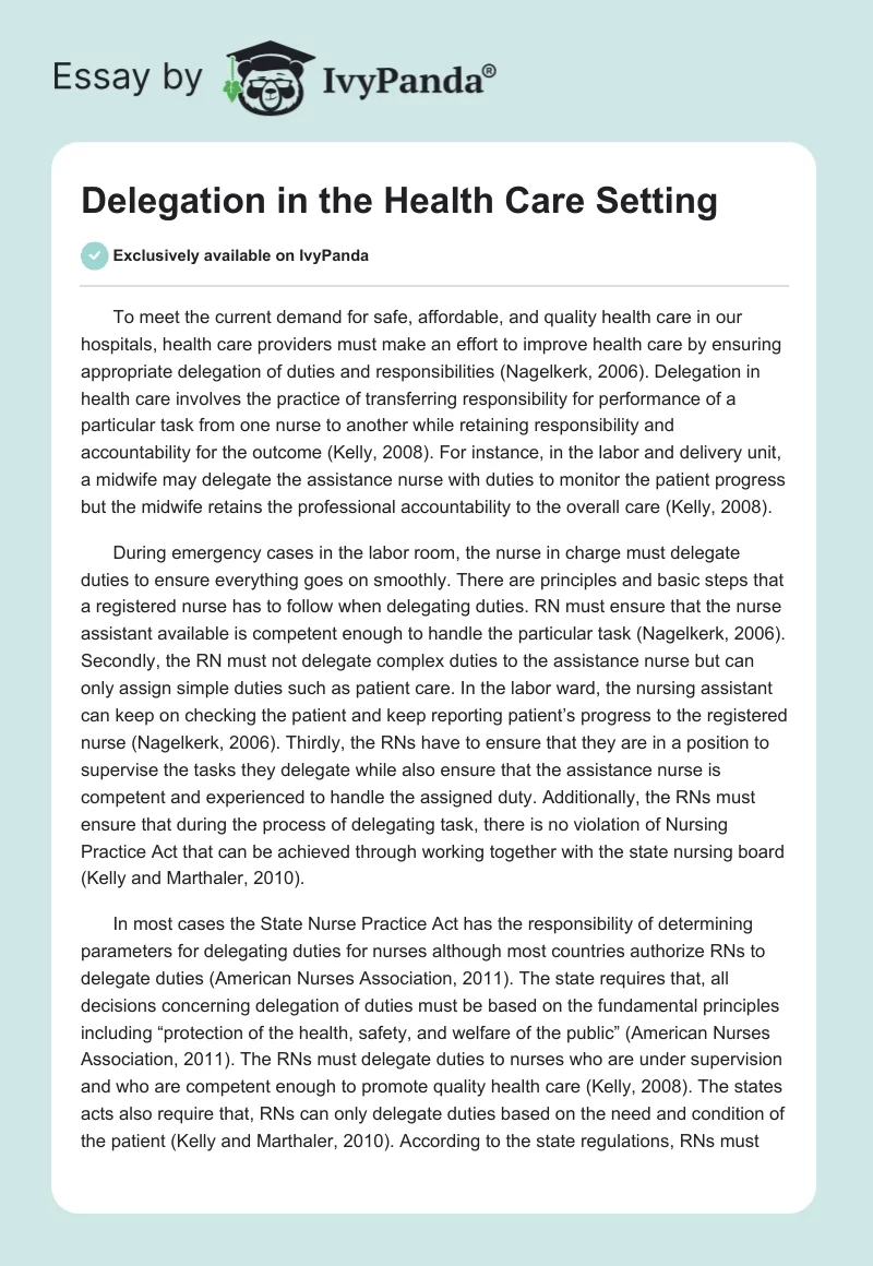 Delegation in the Health Care Setting. Page 1