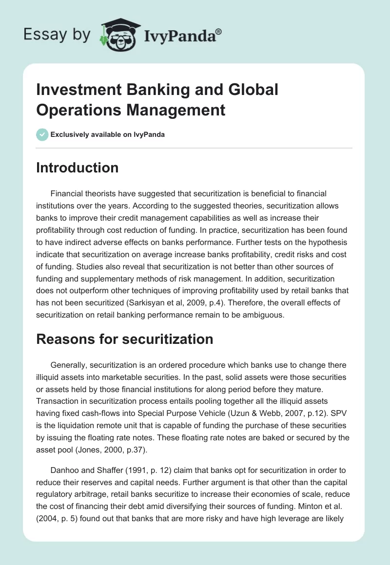 Investment Banking and Global Operations Management. Page 1