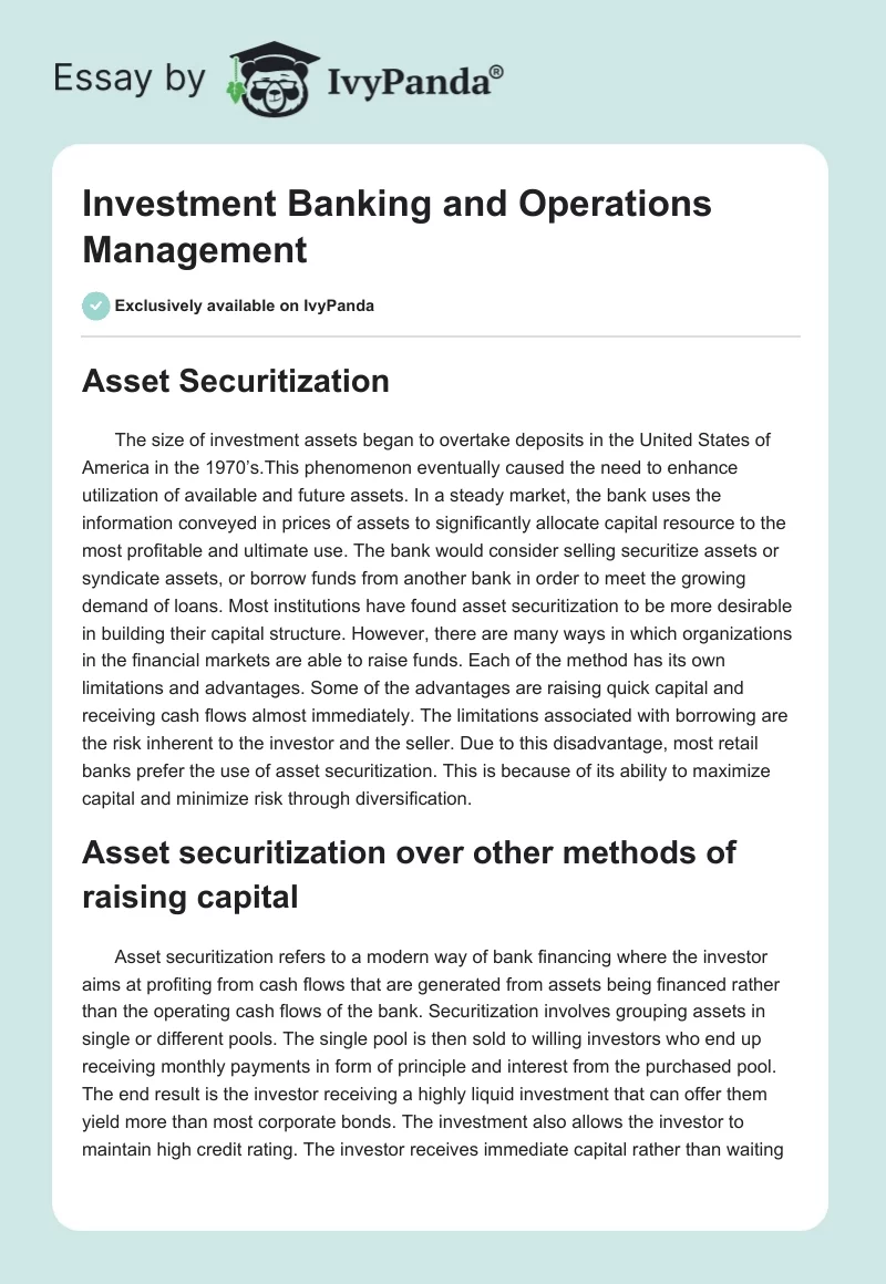 Investment Banking and Operations Management. Page 1