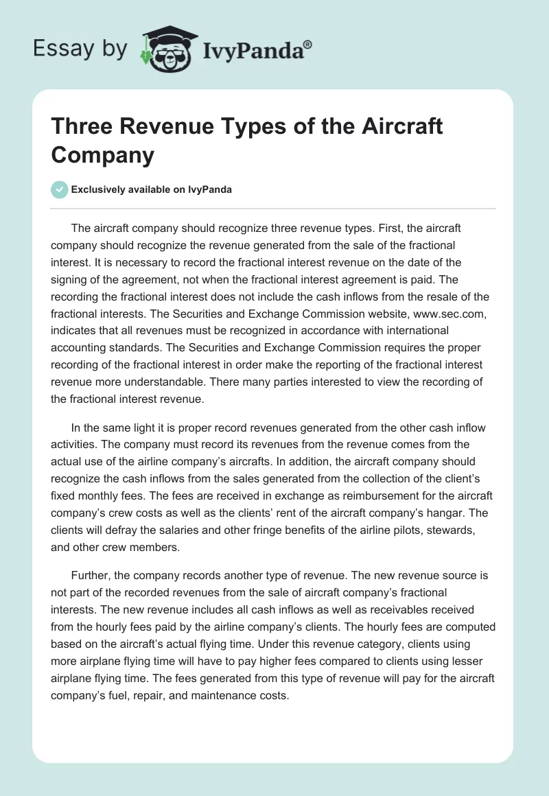 Three Revenue Types of the Aircraft Company. Page 1