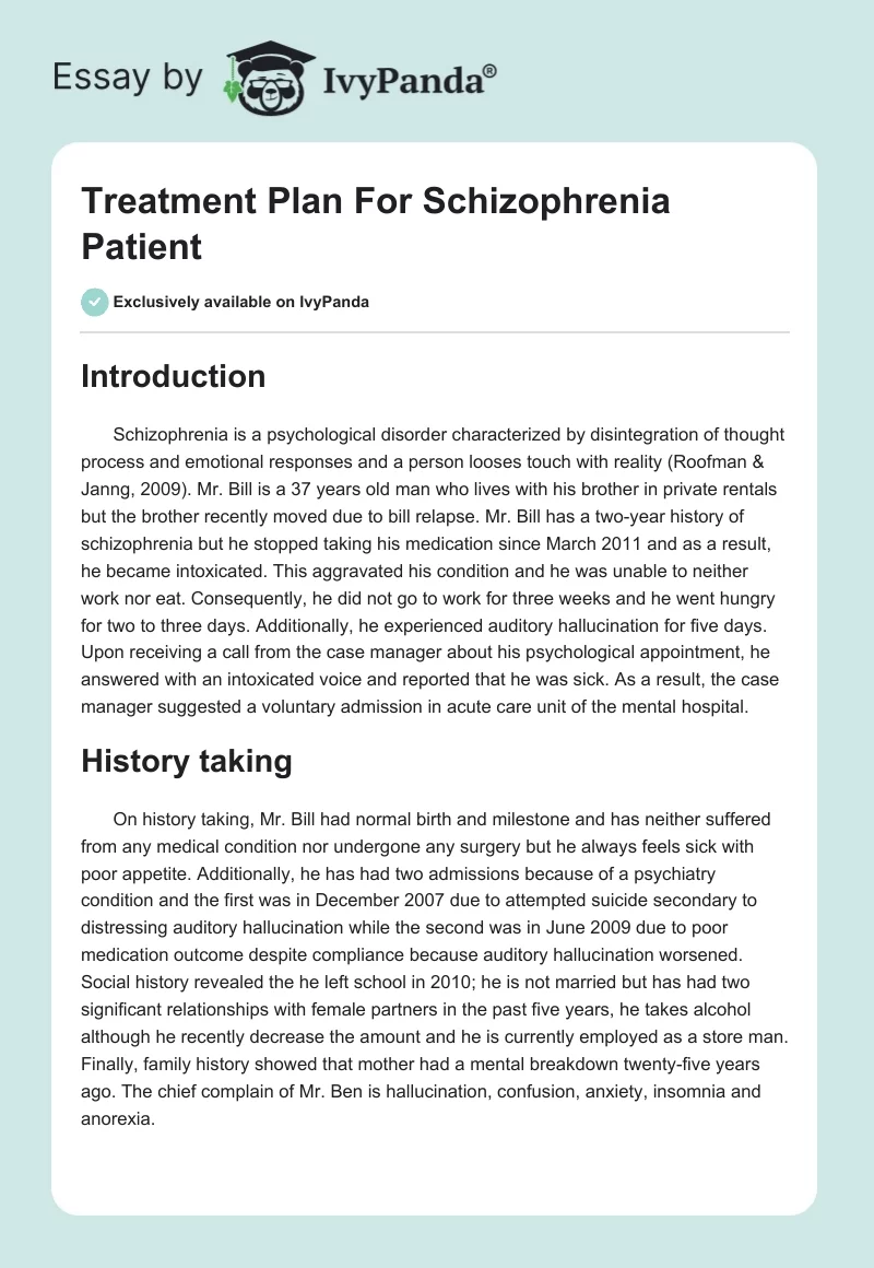Treatment Plan For Schizophrenia Patient. Page 1