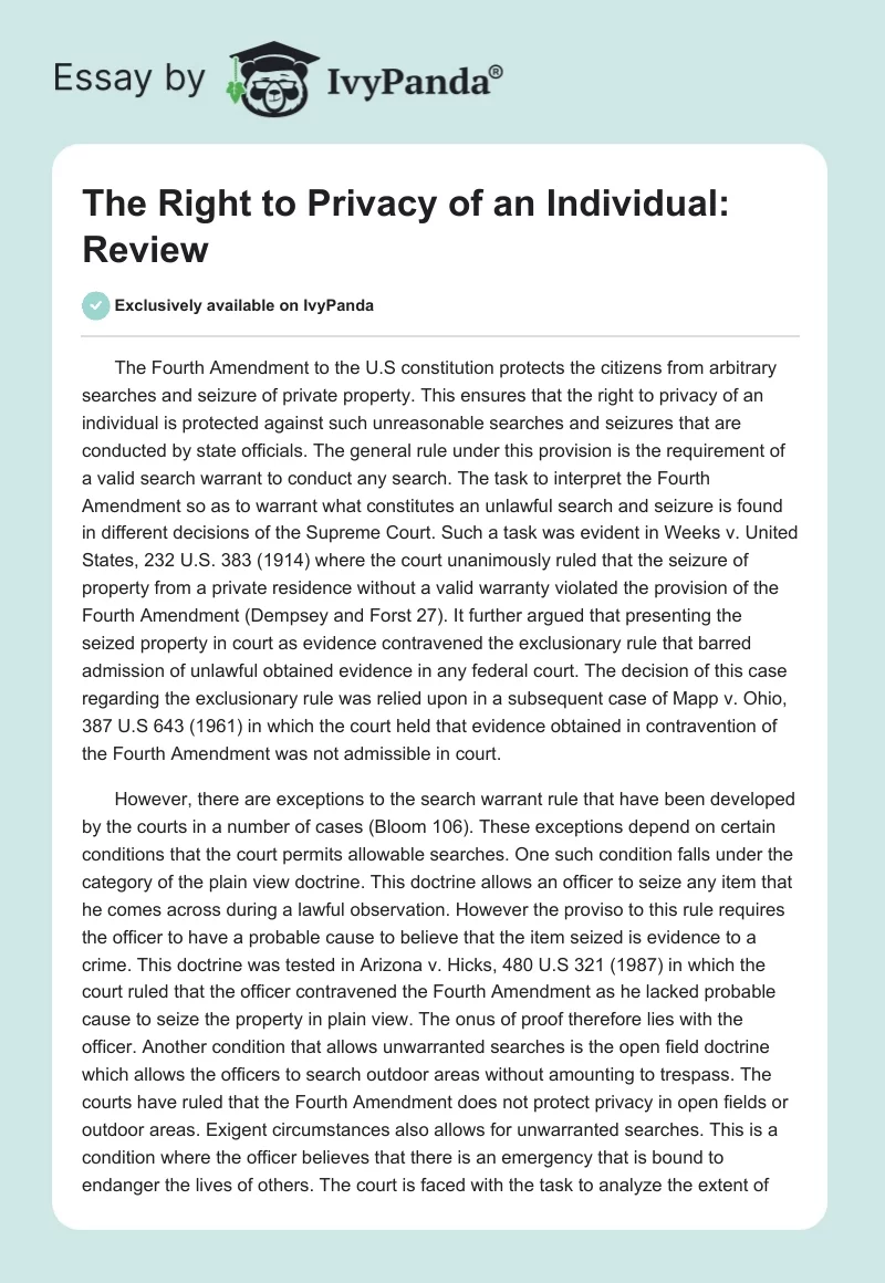 The Right to Privacy of an Individual: Review. Page 1