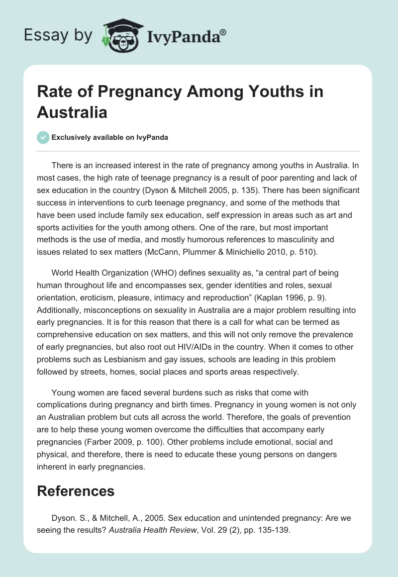 Rate of Pregnancy Among Youths in Australia. Page 1