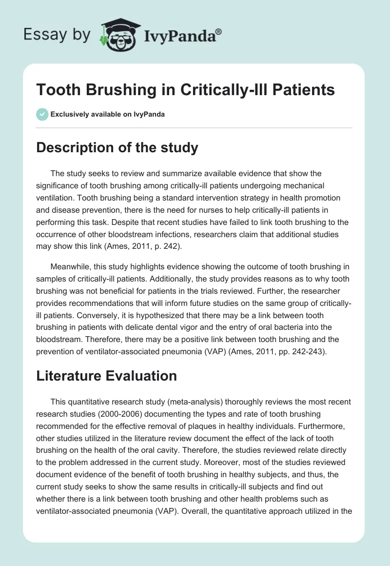 Tooth Brushing in Critically-Ill Patients. Page 1