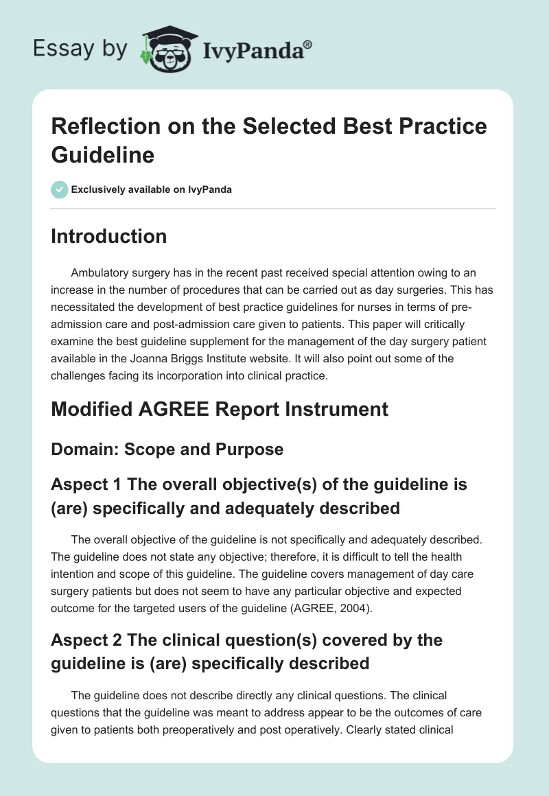 Reflection on the Selected Best Practice Guideline. Page 1
