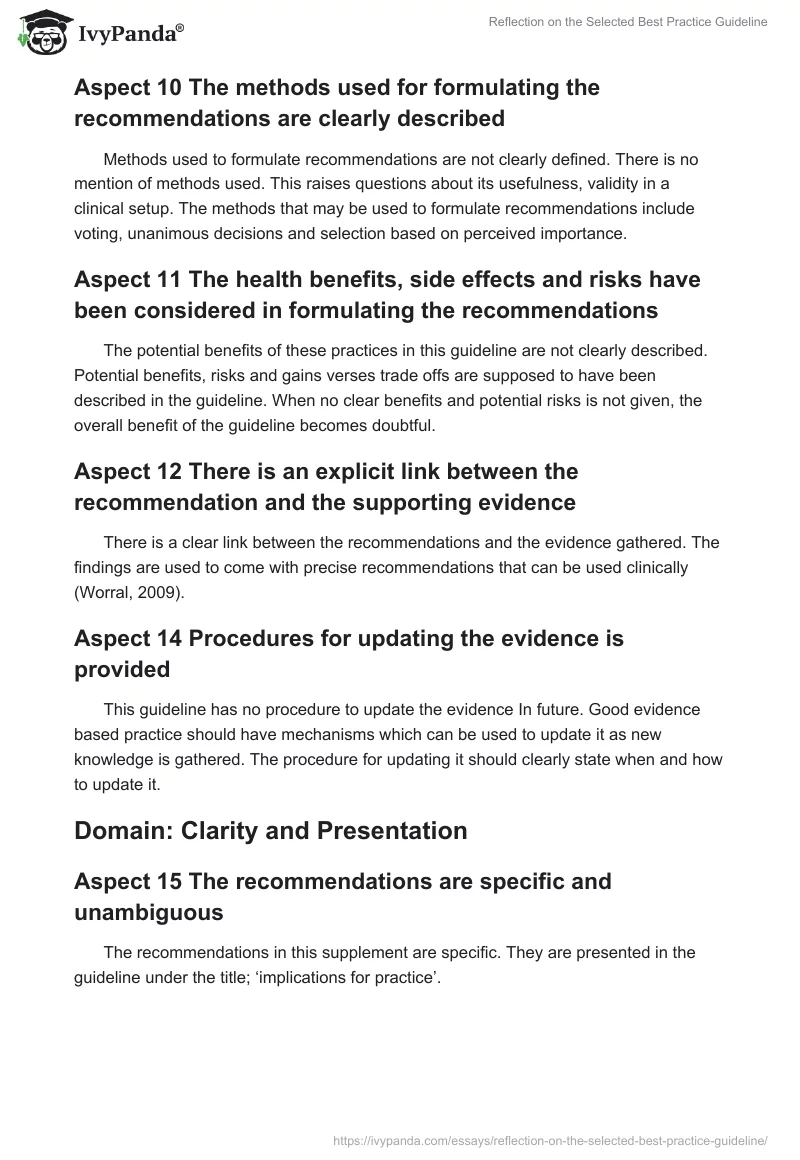 Reflection on the Selected Best Practice Guideline. Page 3