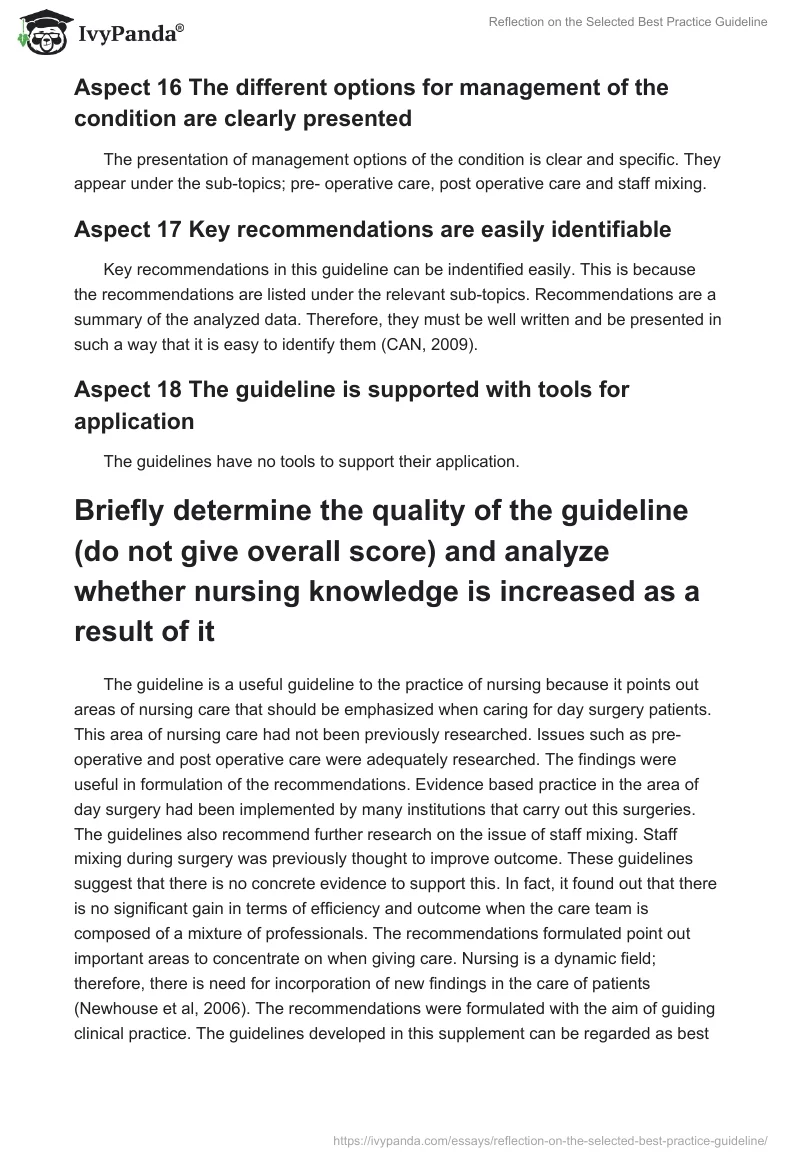 Reflection on the Selected Best Practice Guideline. Page 4
