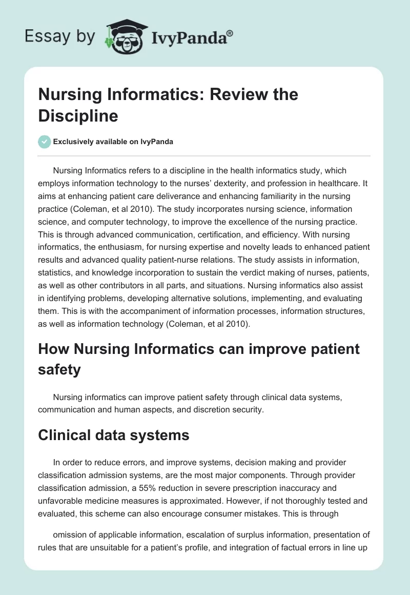 Nursing Informatics: Review the Discipline. Page 1