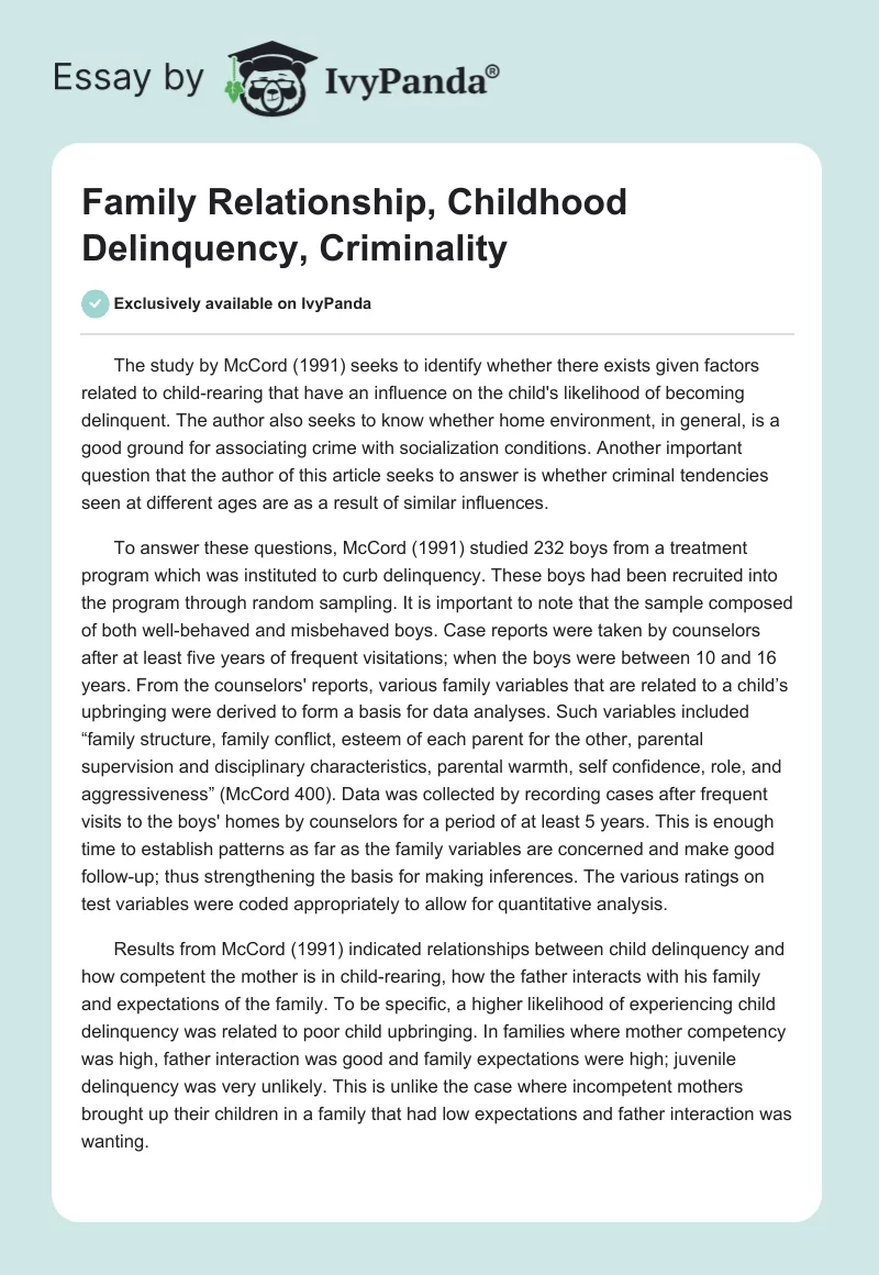 Family Relationship, Childhood Delinquency, Criminality. Page 1