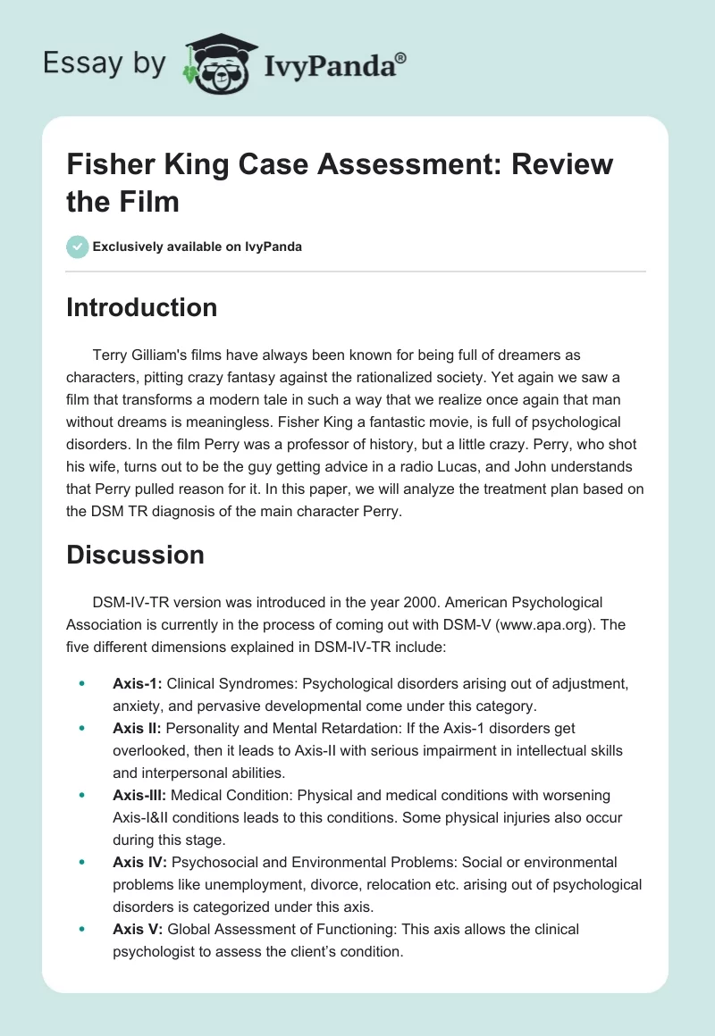 Fisher King Case Assessment: Review the Film. Page 1