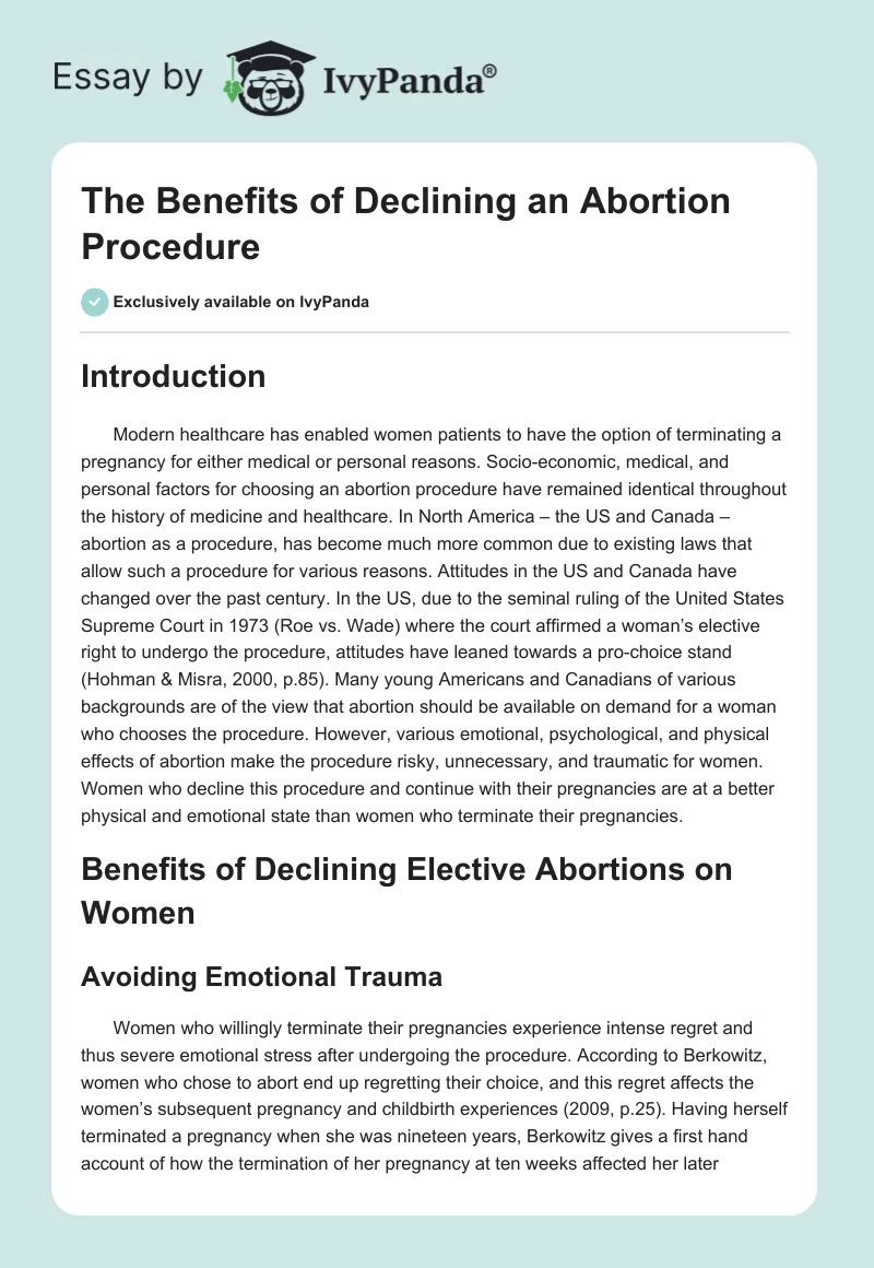 The Benefits of Declining an Abortion Procedure. Page 1
