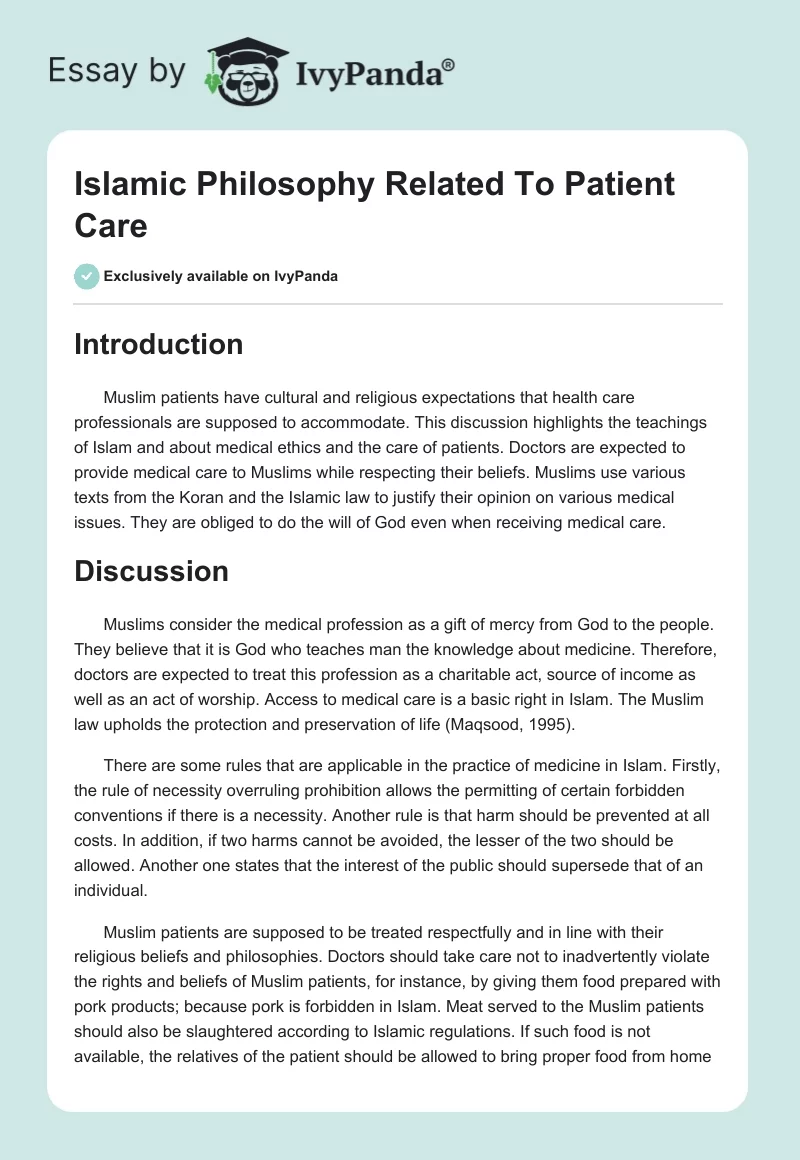 Islamic Philosophy Related To Patient Care. Page 1