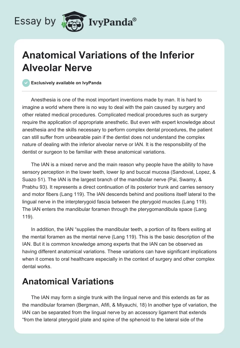 Anatomical Variations of the Inferior Alveolar Nerve. Page 1