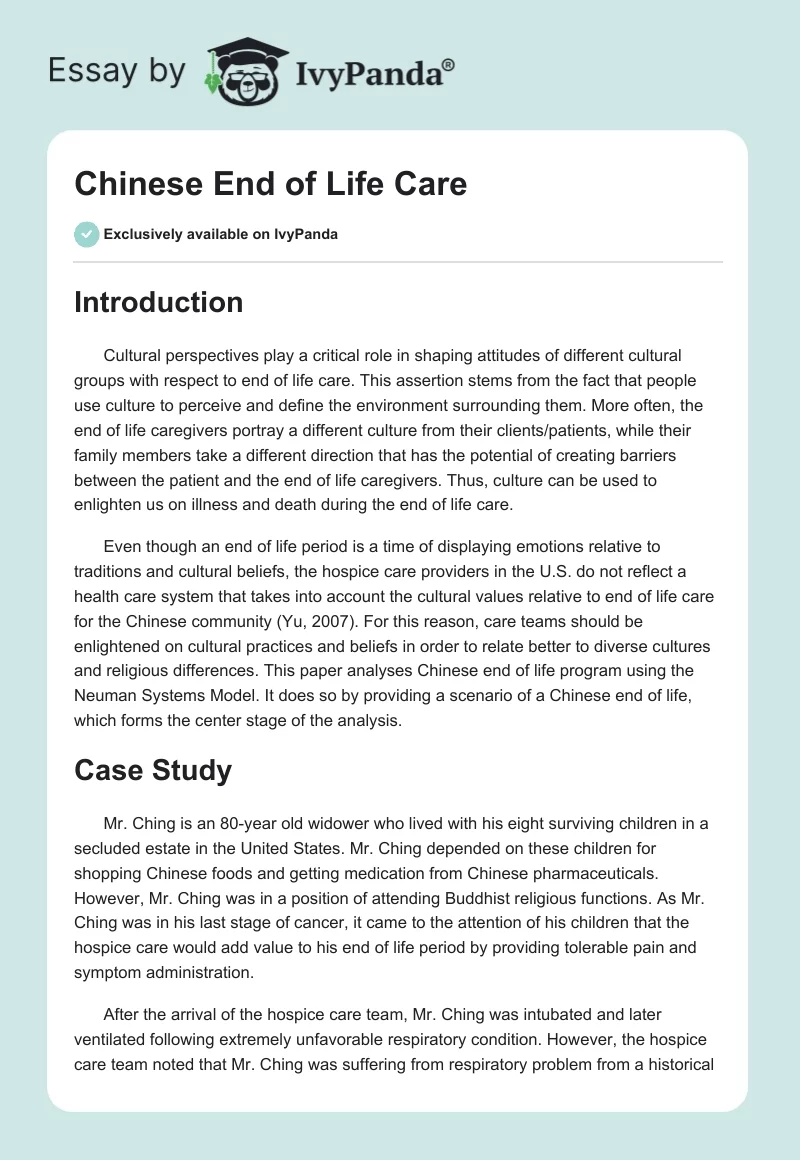 Chinese End of Life Care. Page 1