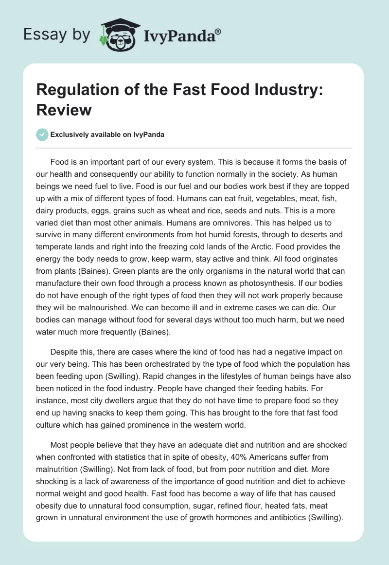 Regulation of the Fast Food Industry: Review. Page 1