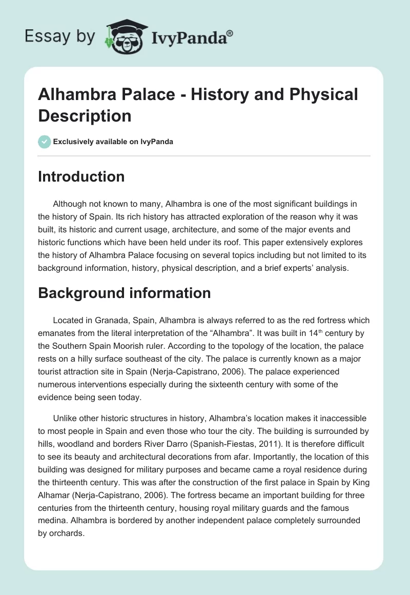 Alhambra Palace - History and Physical Description. Page 1